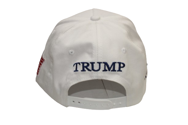 Rear snap adjustment on the The White version of the Iconic Trump MAGA Make America Great Again, displaying the Full Color American Flag and 45-47 on Sides