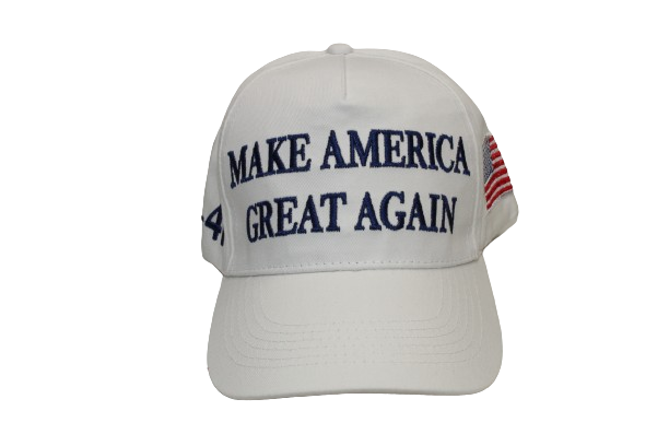 Head on View of the The White version of the Iconic Trump MAGA Make America Great Again, displaying the Full Color American Flag and 45-47 on Sides