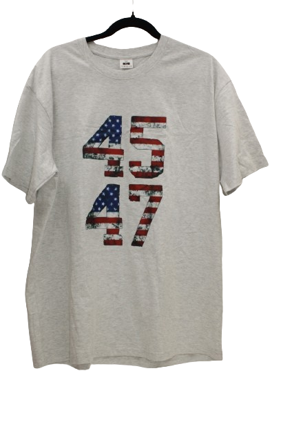 Grey t shirt with 45 47 displayed with the American Flag imbedded