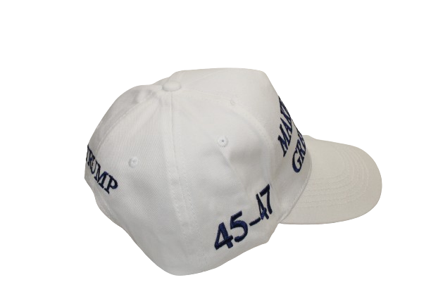 Adjustable White version of the Iconic Trump MAGA Make America Great Again, displaying the American Flag and 45-47 on Sides
