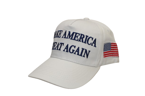 The White version of the Iconic Trump MAGA Make America Great Again, displaying the Full Color American Flag and 45-47 on Sides