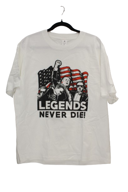 Trump White T-Shirt that says Legends Never Die