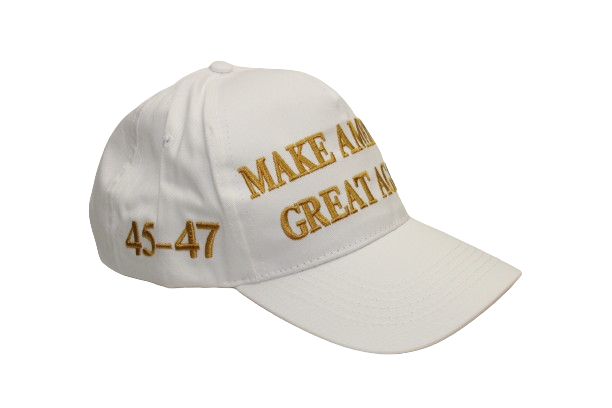 White MAGA Hat with gold embroidery displaying 45-47 and the American flag