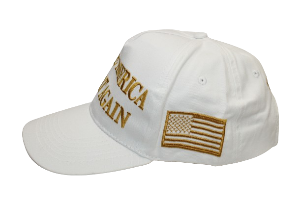 All gold embroidery on the The White version of the Iconic Trump MAGA Make America Great Again, displaying the American Flag and 45-47 on Sides