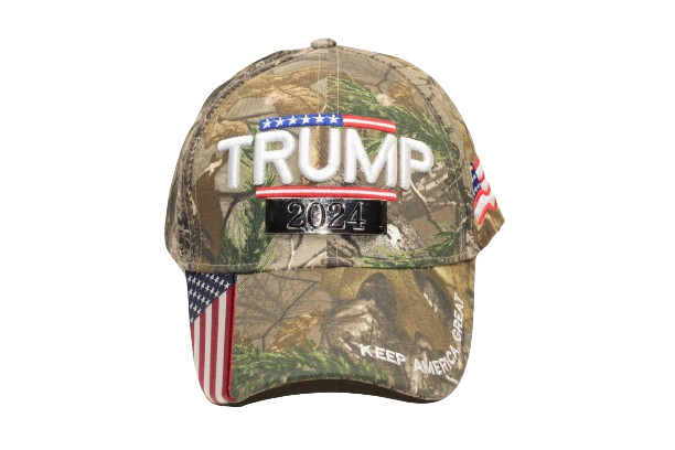 Realtree camouflaged hat with Trump 2024 and the Flag on the bill, Keep America Great across the curved bill