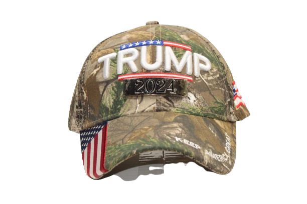 Realtree camouflaged hat with Trump 2024 and the Flag on the bill stars and stripes