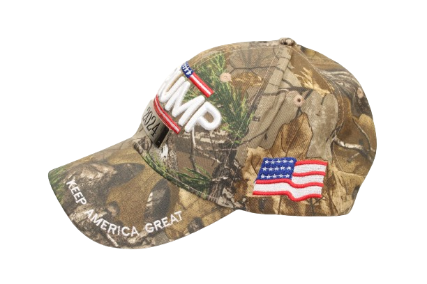 Realtree camouflaged hat with Trump 2024 and the Flag on the bill and waving flag on left side