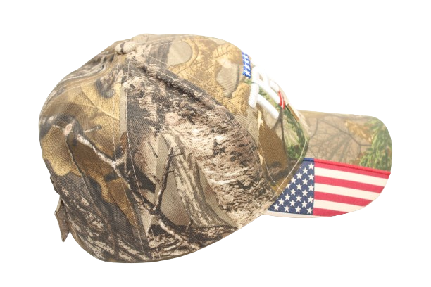 Realtree camouflaged hat with Trump 2024 and the Flag on the bill. Excellent pattern