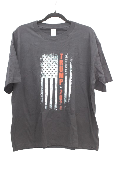 Black t shirt with weathered look displaying the american flag and Trump 2024