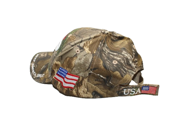 Velcro adjustable Realtree camouflaged hat with Trump 2024 and the Flag on the bill