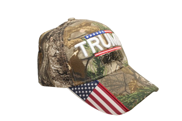 Realtree camouflaged hat with Trump 2024 and the Flag on the bill