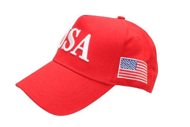 Red USA curved bill  baseball cap displaying the American flag in bold white embroidery 