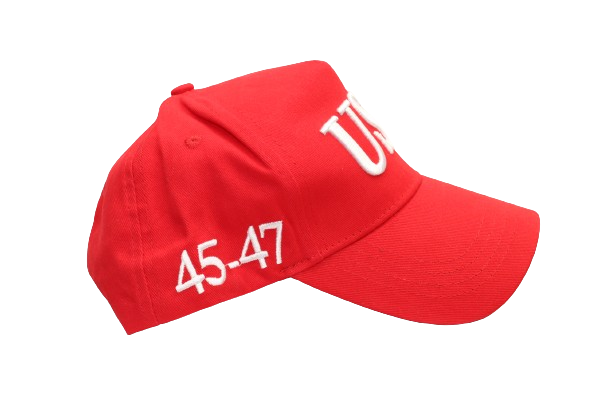 Red USA curved bill  baseball cap displaying the 45-47 in bold white embroidery From the Right Side