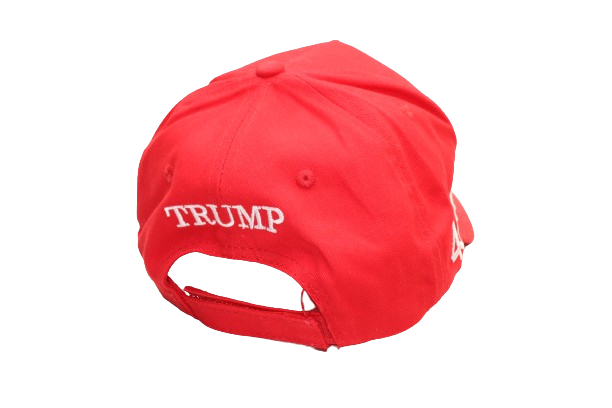 Velcro adjustment on the Red USA curved bill  baseball cap displaying trump in bold white embroidery over the Velcro adjustable back