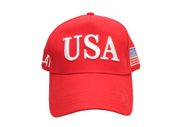 Front View of the  Red USA curved bill  baseball cap displaying the American flag in bold white embroidery 