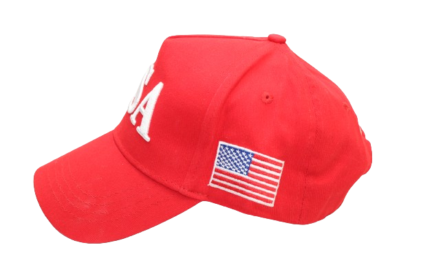 Left ide of the Red USA curved bill  baseball cap displaying the American flag in bold white embroidery 